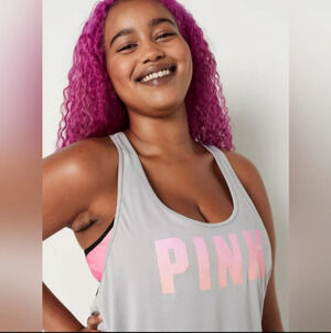 Pink Victoria's Secret Active Gray Logo Racerback Tank Top Size Women's Medium